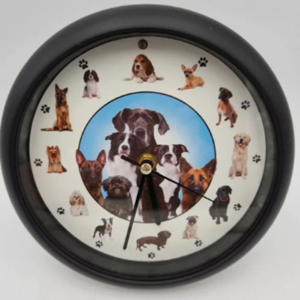NIB ~ Mark Feldstein's Barking Dog Sounds 8-inch Clock, Black, 12 Popular Breeds